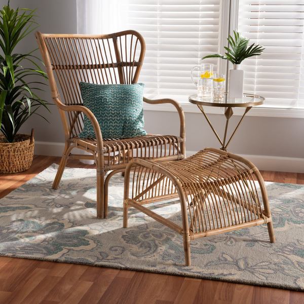 Baxton Studio Lamaria Modern Bohmenian Natural Brown Antique Rattan 2Piece Chair and Footstool Set 219-12715-12716-ZORO